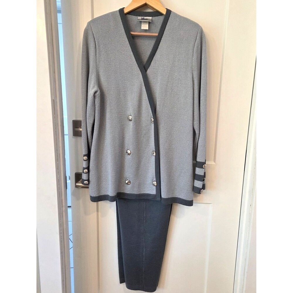 Vintage Knit Pantsuit Set Gray Minimalist Cardigan & Pants Quiet Luxury 2pc